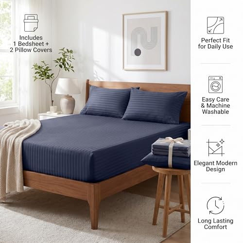 Image of Mafatlal Italian Strip Cotton Bedsheet with 2 Pillow Covers for King Size Bed | 210 TC Pure Cotton Flat Sheet Blue | 108 x 108 Inches | Comfortable & Long Lasting