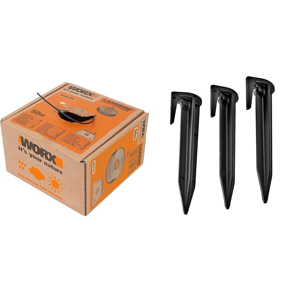 WORX WA0184 Kabel Ograniczający Obszar Koszenia do Kosiarek Automatycznych, Czarny, 50 m & WORX Wa0179 Śledzie do Mocowania Drutu Ograniczającego do Robota Koszącego Landroid