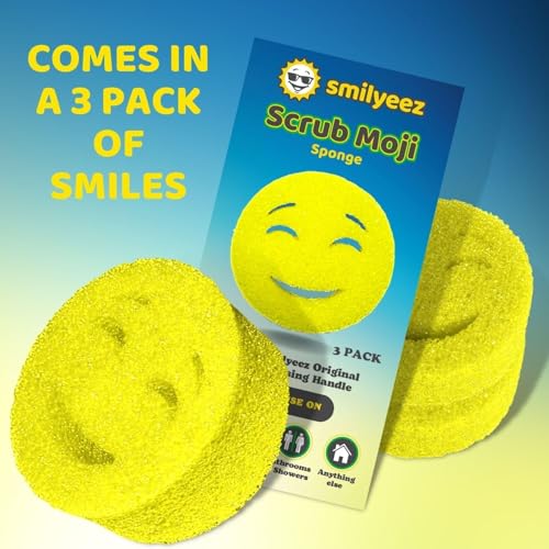 Image of The Original Scrub Moji Scrubbing Sponge by Smilyeez (Set of 3) - Yellow - Temperature-Responsive Polymer Foam, Stain and Odor Resistant, Ideal for Kitchen and Bathroom Cleaning