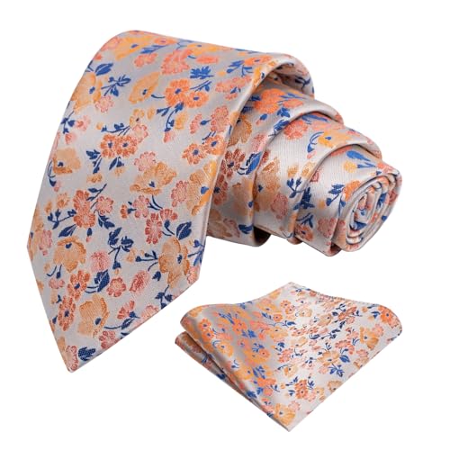 Alizeal Mens 3.15inches Chic and Refreshing Flower Patterned Tie with Floral Printed Pocket Square Orange+Royal Blue
