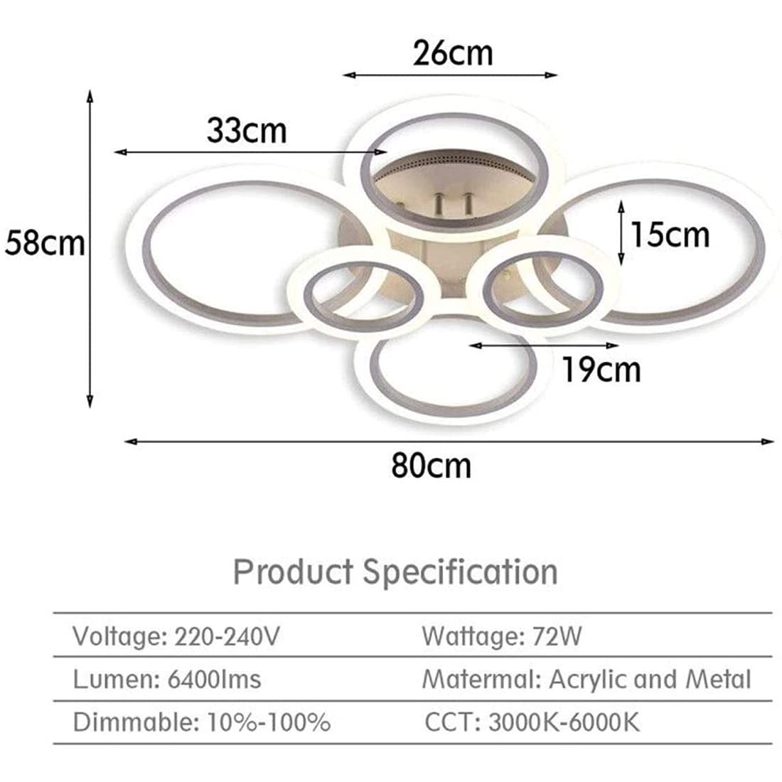 Lampa sufitowa LED z możliwością ściemniania, Ø80 cm, 6400 lm, biały metalowy aluminiowy klosz LED, 6 kółek, pilot zdalnego sterowania 3000K-6000K
