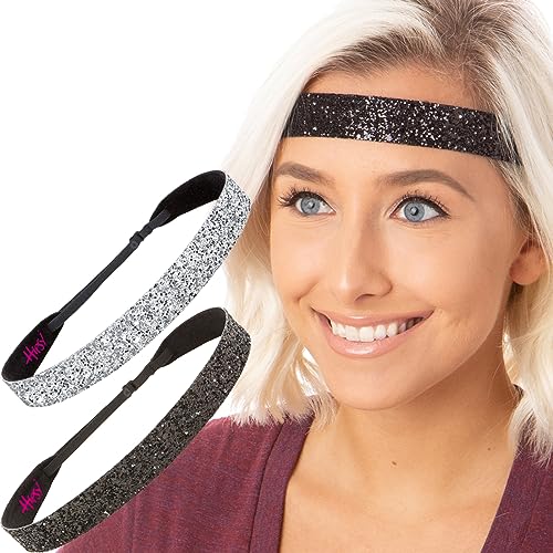 Hipsy Women's Adjustable Fashion Headbands Bling Glitter Wide Gift Sets (Wide Black & Silver)
