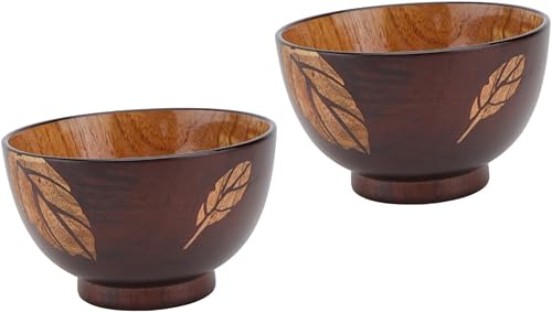 Miniatura 1 de BESTOYARD Tazón de madera con hojas, cuenco de madera maciza, tazón de ensalada, tazón de sopa asiático, cuencos de arroz, tazón de comida japonesa,
