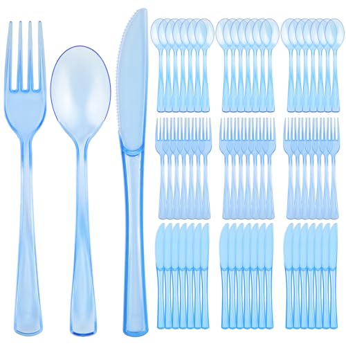 75 PCS Plastic Silverware Disposable Silverware Heavy Duty Utensil Sets 25 Of Each Forks Knives & Spoons Disposable Cutlery Set For Easter Birthday Baby Shower Garden Party Wedding(75 Light Blue)