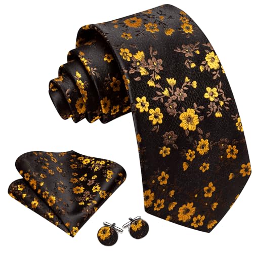 Image of Barry.Wang Flower Ties for Men Handkerchief Cufflinks Set Wedding Necktie Set Party