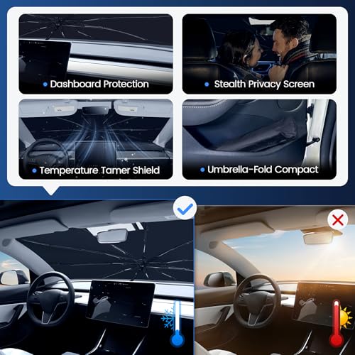 VEENJOY Windshield Sun Shade Umbrella for Ford Edge 2015-2025, Foldable Car Window Sunshade with 360° Bendable Handle & Rearview Mirror Cutout, Upgraded HUPF 50+ Ice Crystal Coating by VEENJOY - Used condition - Image 5