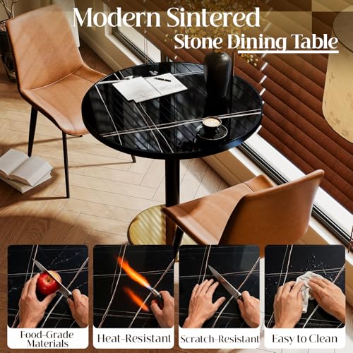 Image of 63 inch Tulip Table, Small Round Dining Table with 1.2 inch Thick Sintered Stone Tabletop and Golden Metal Pedestal Base, Bistro Table for Diner, Bar, Restaurant, kitchen, Bakery,Apartment (Marble Black Gold)
