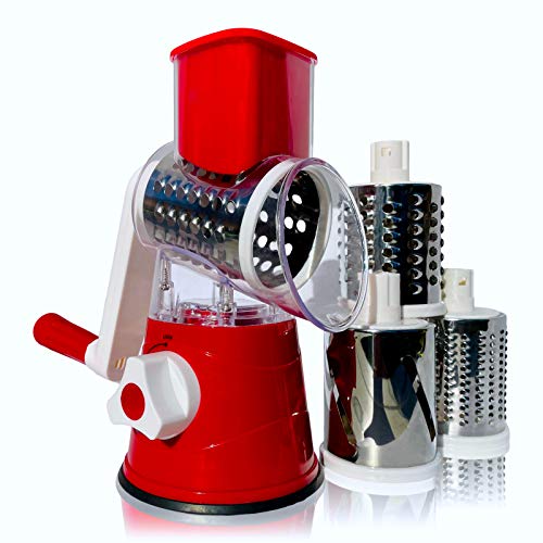 Rotary Cheese Grater with Handle Mandoline Vegetable Slicer 3 Stainless Steel Blades Crank Parmesan Shredder Fruit Veggie Chopper Food Graters for Kitchen - Vegetables Carrot Nut Strong Suction