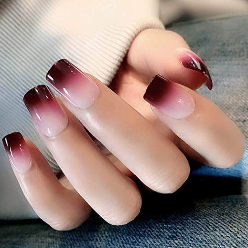 Outyua Glossy Press on Nails Pink Gradient Medium Fake Nails Acrylic Full Cover Square False Nails Prom for Women and Girls 24pcs