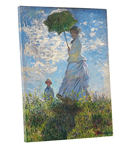 Niwo ART - The Stroll Woman with a Parasol, by Claude Monet - Oil painting Reproductions - Giclee Canvas Prints Wall Art for Home Decor, Stretched and Framed Ready to Hang (20"x16"x3/4")