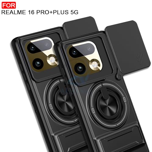 Image of AESTMO Realme 16 Pro Plus 5G Back Cover | Armor Camera Slider 360 Degree Rotating Finger Ring Holder Case with Bracket Stand Back Case Cover (Compatible with MagSafe Accessories) (Black)