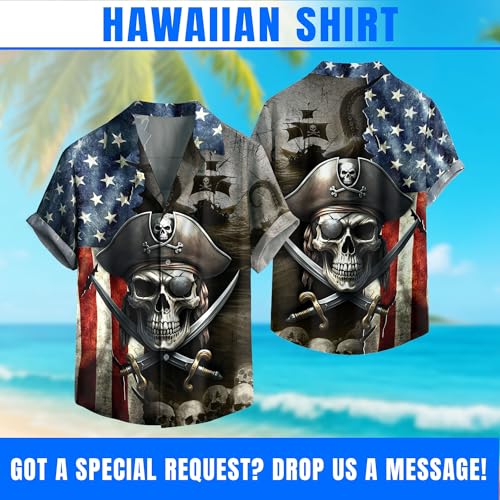 Pirate Hawaiian Shirt, American Flag Shirt, Mens Pirate Shirts, Skull Hawaiian Shirts for Men2