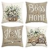 AVOIN colorlife Bless Our Home Farmhouse Eucalyptus Leaves Throw Pillow Covers 18 x 18 Inch Truck Home Sweet Home Cushion Case Decorations Set of 4