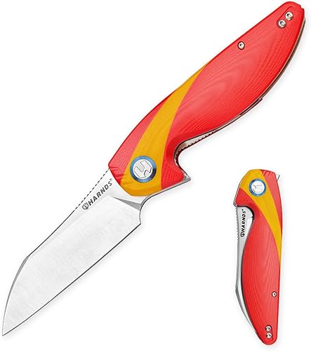 Harnds Cuchillo plegable para loro con hoja Sandvik 14C28N G10 con clip (rojo y amarillo)