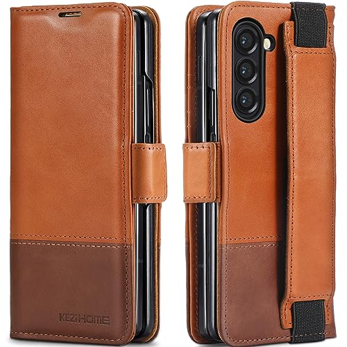 KEZiHOME for Samsung Galaxy Z Fold 5 Case, Genuine Leather Wallet Case [RFID Blocking] with Card Holder Stand Shockproof Flip Protective Phone Cover Compatible with Galaxy Z Fold 5 (Khaki)