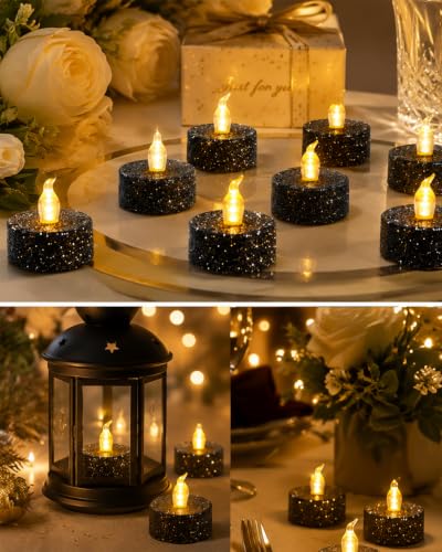 Image of 12PCS Black Glitter Tea Lights Canldes Battery Operated with Timer