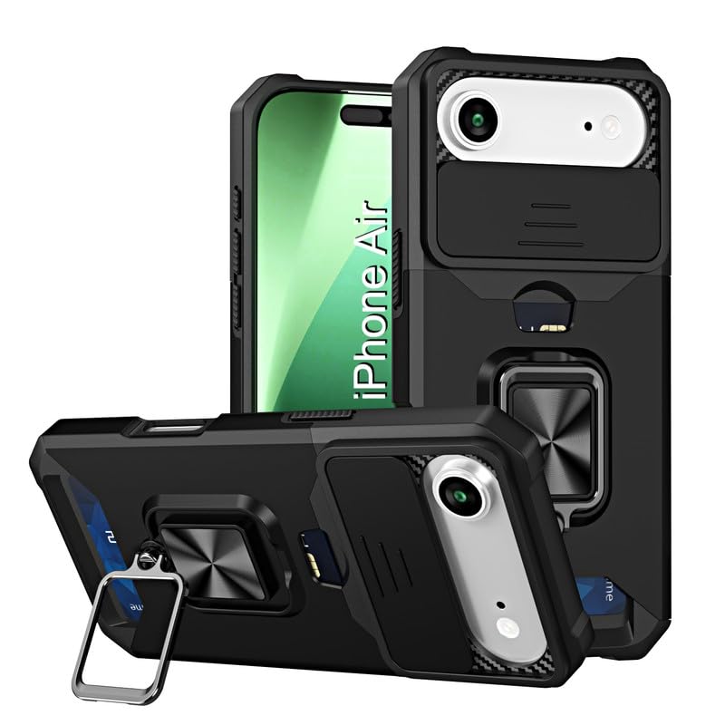 Image of LuxuryKase Shockproof Armor Case for iPhone Air | Slide Camera Cover | Hidden Card Slot | Rotating Ring Kickstand | Magnetic Car Mount Support | Military Grade Protection - Black
