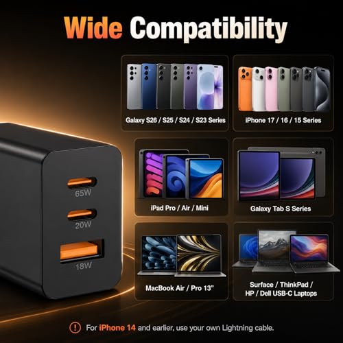 Image of 65W Super Fast Charger Typc-C for Samsung Galaxy S26 Ultra,3-Port 100W(in total) Charging Block PD /QC 3.0 for Galaxy S25 /S24 Plus,Tab,MacBook,iPhone 17 Pro Max,Android, 3 /3 /6 /6 /10 /10FT USBC Cable Cord