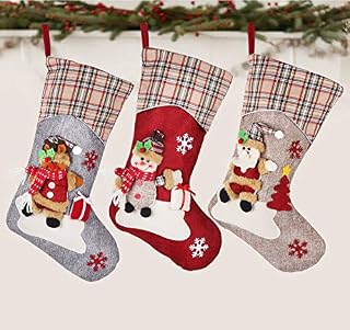ABSOFINE Christmas Stocking 18" Xmas Sock Burlap Stockings Personalized Snowflake Santa Snowman Reindeer Design Christmas Ornament Candy Gift Sack, Set of 3