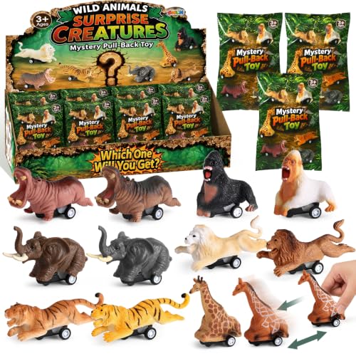 SNLN Animal Party Favors for Kids, 12 Wild Animal Pull Back Cars Blind Bags