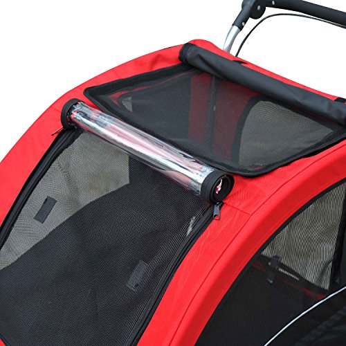 PawHut 2-in-1 Hundeanhänger, Fahrradanhänger für Hunde, Klappbar Hundewagen mit Reflektoren, Fahne, Hundefahrradanhänger Hundebuggy für Hunde bis 20 kg, Oxford-Gewebe Rot+Schwarz