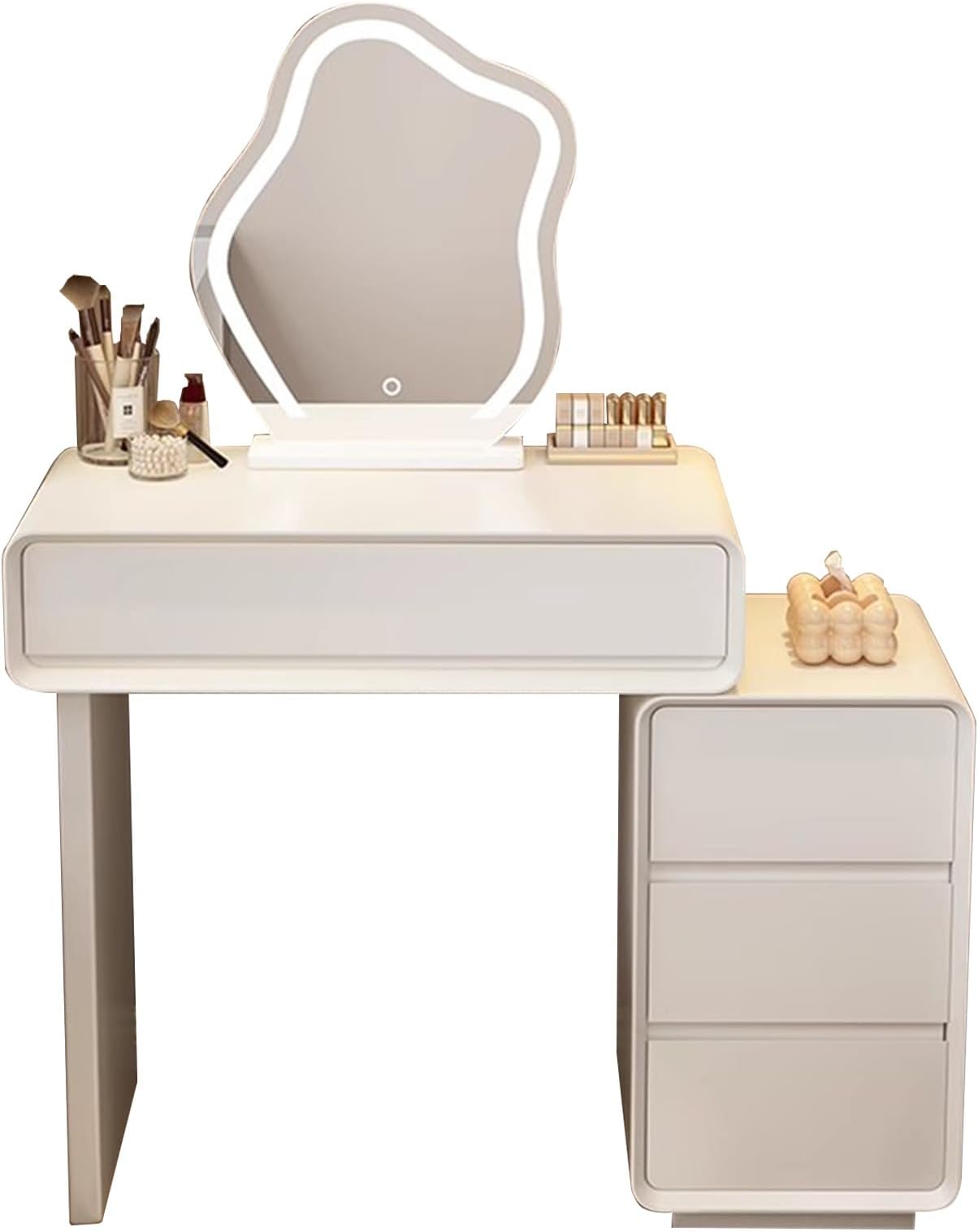Modern White Makeup Vanity Table with Adjustable Drawers, Wooden Structure, Leather Upholstery, Stylish Design (Mirror Not Included) - Perfect for Bedroom & Dressing Room.