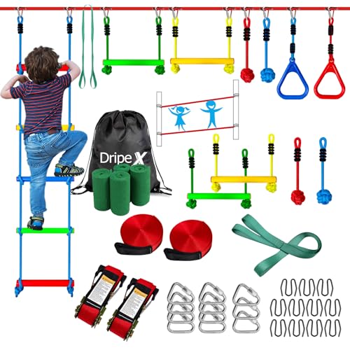 Dripex Ninja Warrior Obstacle Course for Kids 250ft Slack Lines for Backyard with 8 Ninja Accessories - Monkey Bar Rope Ladder Gymnastic Ring Arm Trainer and Monkey Fist