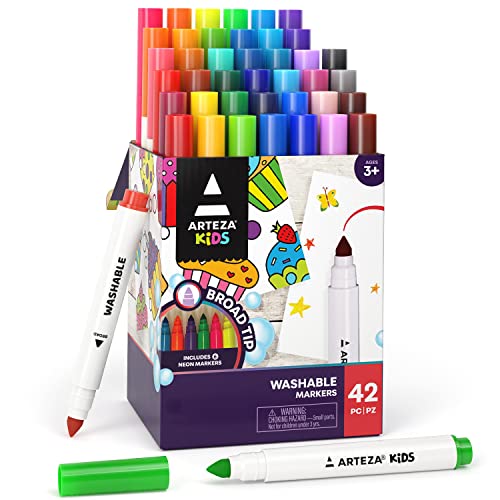 ARTEZA Kids Broad Tip Washable Markers, 42 Bright Colors, 36 Washable Marker Pens and 6 Non-Washable Neon Pens, School Supplies for Kids Ages 3 and Up by ARTEZA - Used condition - US$8.46
