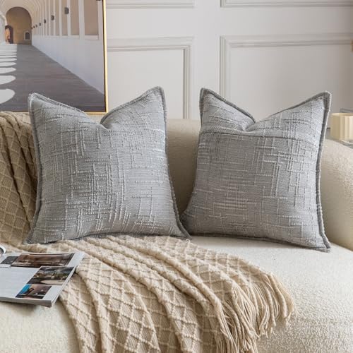 Image of MADIZZ Pack of 2 Chenille Throw Pillow Covers 16x16 Inch Grey Soft Neutral Decorative Throw Pillows for Couch Sofa Boho Accent Cushion Covers Modern Farmhouse Home Decor for Bedroom Living Room