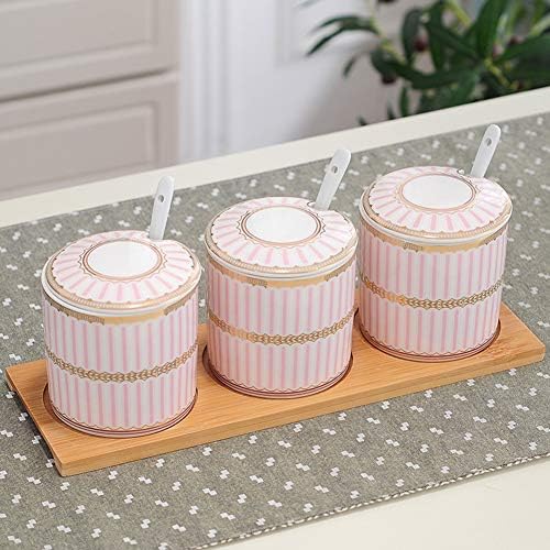 Nileco Ceramic Sugar Bowl Set of 2,Porcelain Condiment Pots Spice Jars Seasoning Jar Reusable Container Box with Spoon and Lid Tray-Pink 3 * 300ml