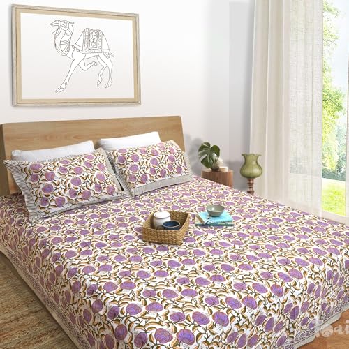 Image of TOAI Hand Block Printed Bedsheet | Bed Spread Flatsheet Bed Sheet | Pure Cotton | Queen Size 90 inchx108 inch | 210 TC Luxury Cotton | 2 Reversible Pillow Covers |Round Florals on White