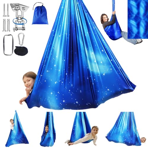 Sensory Swing for Kids Indoor & Outdoor Double Layer Therapy Cuddle Hammock Chair with 360 Swivel Hanger Kit Adjustable Swing for Child and Adult with Aspergers Autism ADHD (Star Blue)