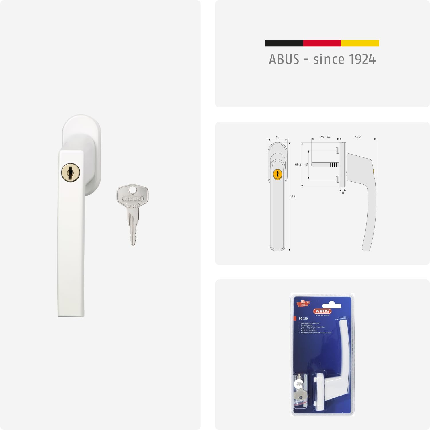 ABUS Abschließbarer Fenstergriff FG210 AB210 - Fensterknauf mit Druckzylinder, gleichschließend - ABUS-Sicherheitslevel 3 - 59487 - Weiß