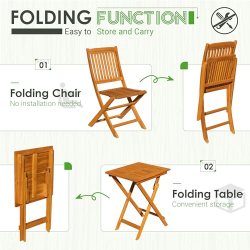Image of Greesum 3 Piece Patio Folding Furniture Bistro Set with 2 Cushions for Pool Beach Backyard Balcony Porch Deck Garden, Acacia Wood