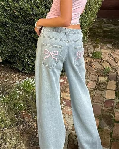 Women Indie Aesthetics Jeans Y2k Bow Trim Zipper Denim Pants Vintage Casual Baggy Jeans Streetwear3