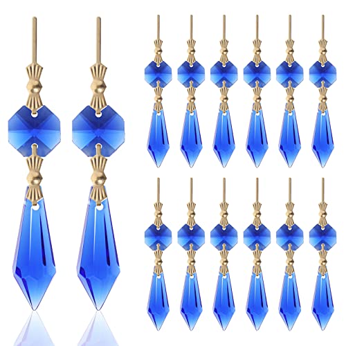 20pcs Blue Crystals Prisms Glass Tip Beads Replacement Chandelier Icicle Drop Pendants Octagon Crystal Beads Gold Pins Connectors for Lamp Decoration Christmas Ornament