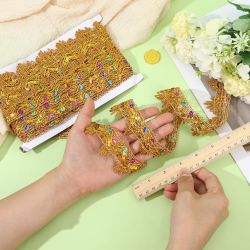 9.8 Yard Gold lace Trim with Shiny Beaded - Sequins Vintage Gold Trim for Sewing 1.57in Wide - Sewing Trim & Embellishments for Wedding DIY Craft Sewing Fabric - Thumbnail 5