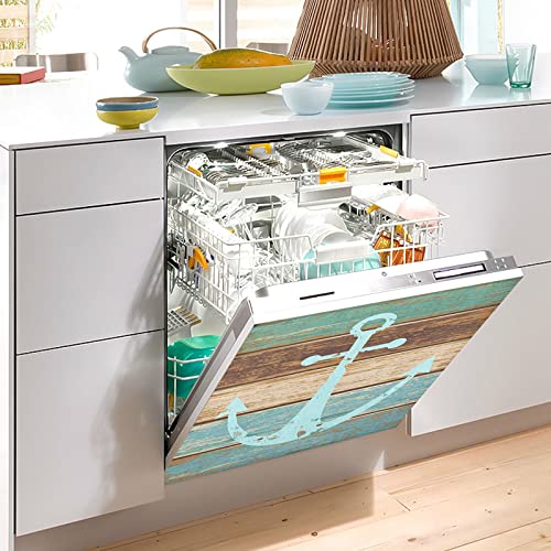 Nautical Theme Vintage Anchor Dishwasher Stickers Magnetic Blue Sea Ocean Wooden Print Coastal Kitchen Fridge Magnet Cover Decals Home Decorations Vinyl Sticker Reusable 23W X 26H Inches #TOP3