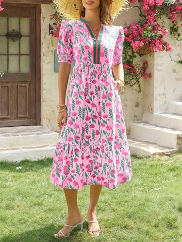 Image of Wenrine Womens Summer Midi Dress Casual Floral Puff Short Sleeve V Neck Swing Flowy Boho Beach Dresses with Pockets