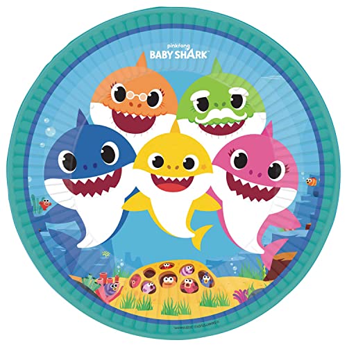 amscan 8 pratos de papel redondo Baby Shark, 23 cm, cor branca
