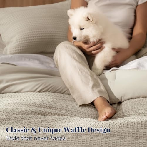 Image of PHF Soft Waffle Comforter Set King Size- Comfy Breathable Waffle Weave Comforter with 2 Pillow Shams, 3 Pieces Less Snagging Lightweight Textured Bedding Set for All Season, Natural /Linen