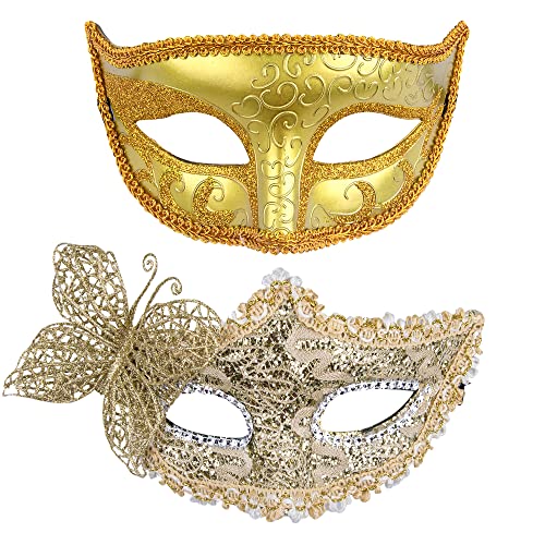 SIQUK 2 Piezas Máscara Veneciana Parejas Máscaras de Encaje Máscara para Veneciano Mascarada Fiesta de Baile, Oro