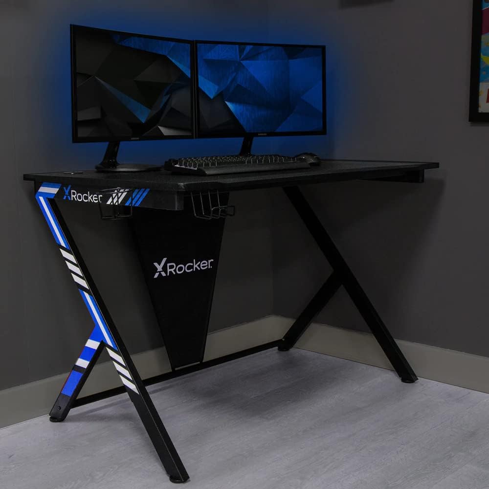 X-Rocker Ocelot Gaming Desk 115 x 73 cm PC Computer Desk Y Shaped Computer Table PC Gaming Table Gamer Desk for Home Office with Cup Holder & Headphone Hook, Red or Blue Stickers, Carbon Fibre – BLACK