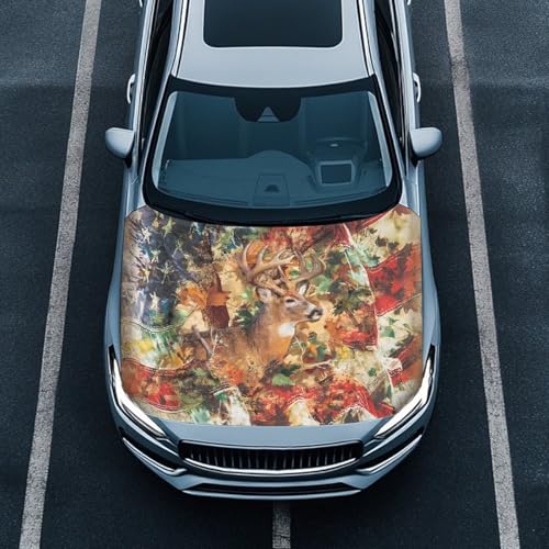 Image of Car Hood Cover for Compact Sedans SUV Trucks, 59x39 Inches Stretchable Auto Hood Wraps Vehicles Banner Deer Automotive Exterior Accessories