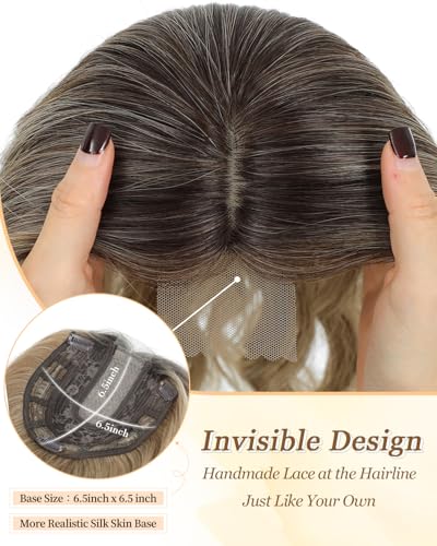 MORICHY 16Inch Hair Topper for Thinning Hair Women Wavy Curly Fringe Clip in Synthetic Wiglet to Add Volume Balayage Dark Brown Root to Blonde Ombre with Highlights Hair Toppers for Women - Image 3