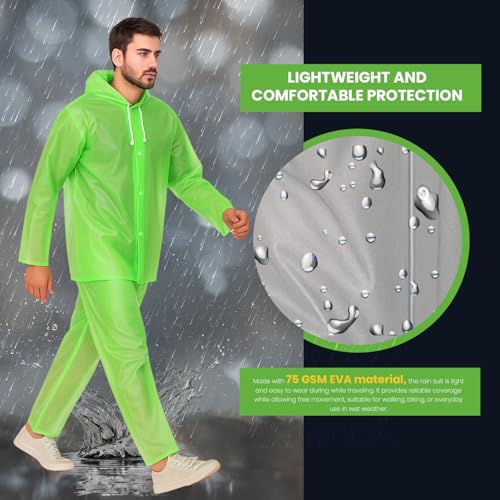 Image of Pivalo EVA Rainsuit Set 75 GSM with Adjustable Hood Full Sleeves Lightweight Raincoat with Pants waterproof Reusable Outdoor Travel Rainwear for Bike Riders Men (Pack of 1, Neon Green)