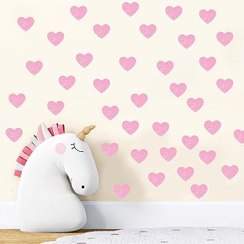 120 PCS Pink Glitter Heart Wall Decals Aesthetic Waterproof Vinyl Peel & Stick Sparkly Hearts Wall Art Decor, 6 Sheets Removable Wall Stickers for Girls Bedroom, Nursery, Kids Room, Playroom