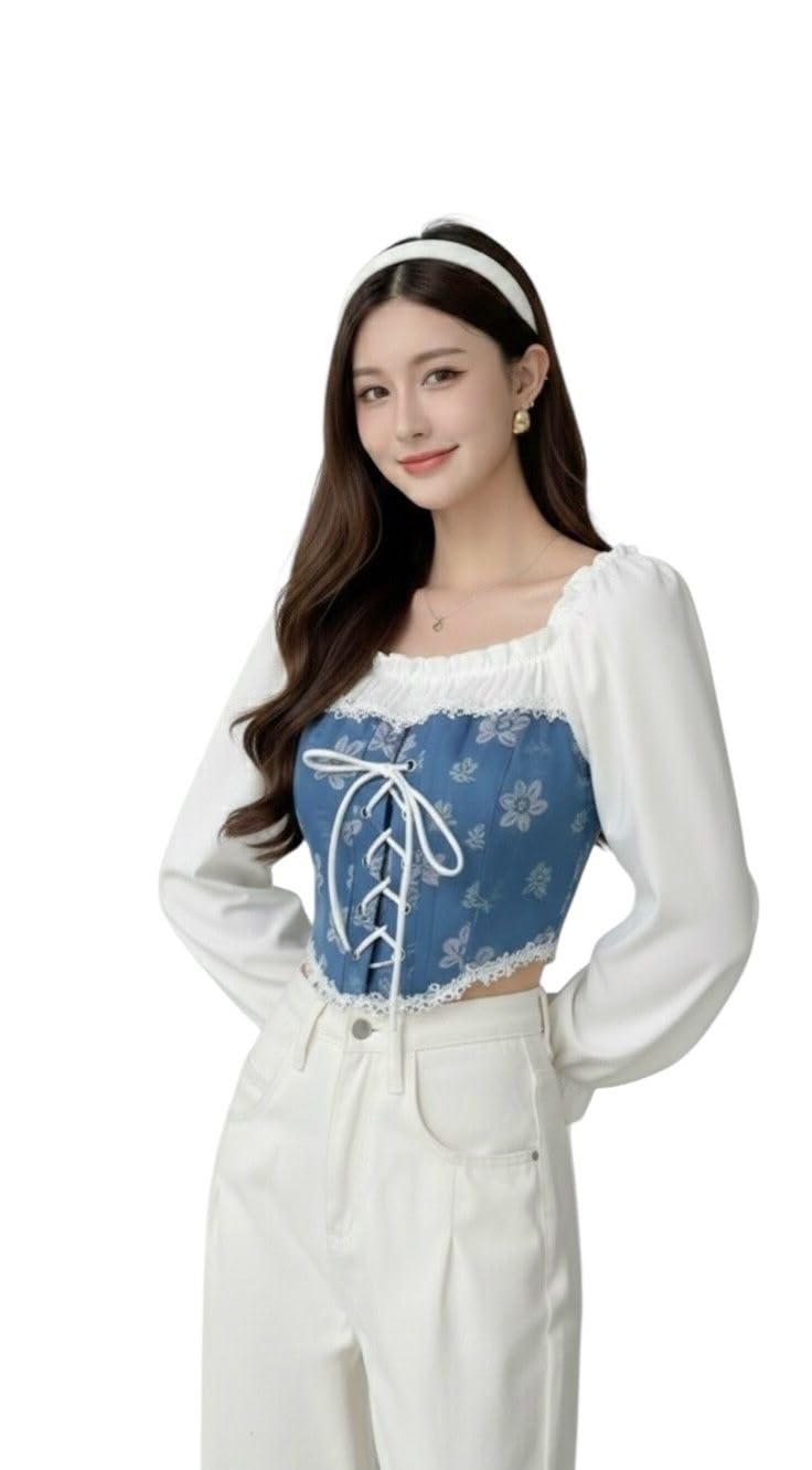 Women's Western Crop Top, Blue Floral Denim Top with White Long Sleeves, Lace-Up Front Detail-picture-52