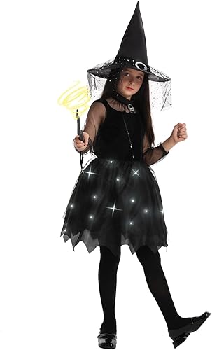 Miniatura 5 de Disfraz de bruja iluminado para niñas, disfraz de Halloween de princesa oscura con sombrero puntiagudo, varita mágica