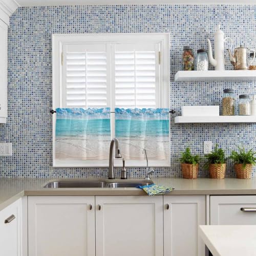 Ocean Beach Theme Kitchen Curtains for Bedrooml Living Room 24 Inch Length, Blue White Small Short Cafe Tiers Curtains Drape, 2 Panel Window Treatment Rod Pocket Drapery Panels Curtains 55x24 by Jolunifun - Image 3